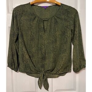 West Kei Olive Green Snakeskin Print Front Tie Blouse Womens Sz S Earthy Safari